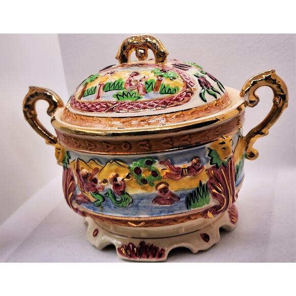 Bowl & Lid-Gold Trim-Japanese Inspired Summer Scenes-3D Embossed-Colorful-Footed - Picture 9 of 16